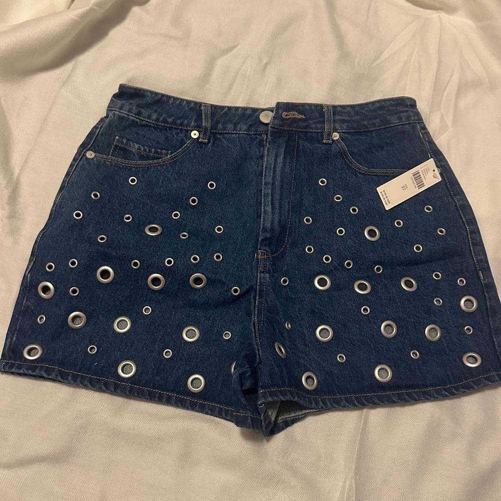 Blank NYC Dark Blue Jean Shorts with Eyelet Accents
